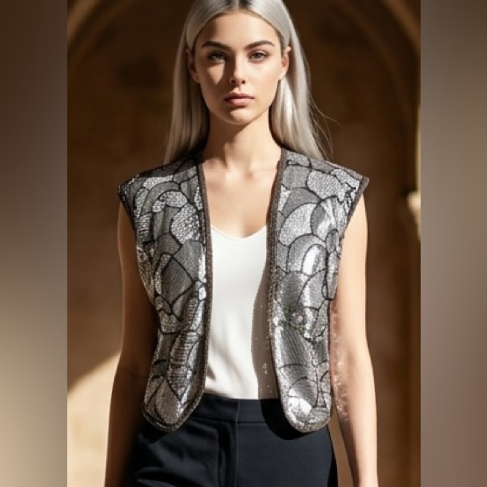Nikibiki Black and Silver Sequin Cropped Sleeveless Cardigan